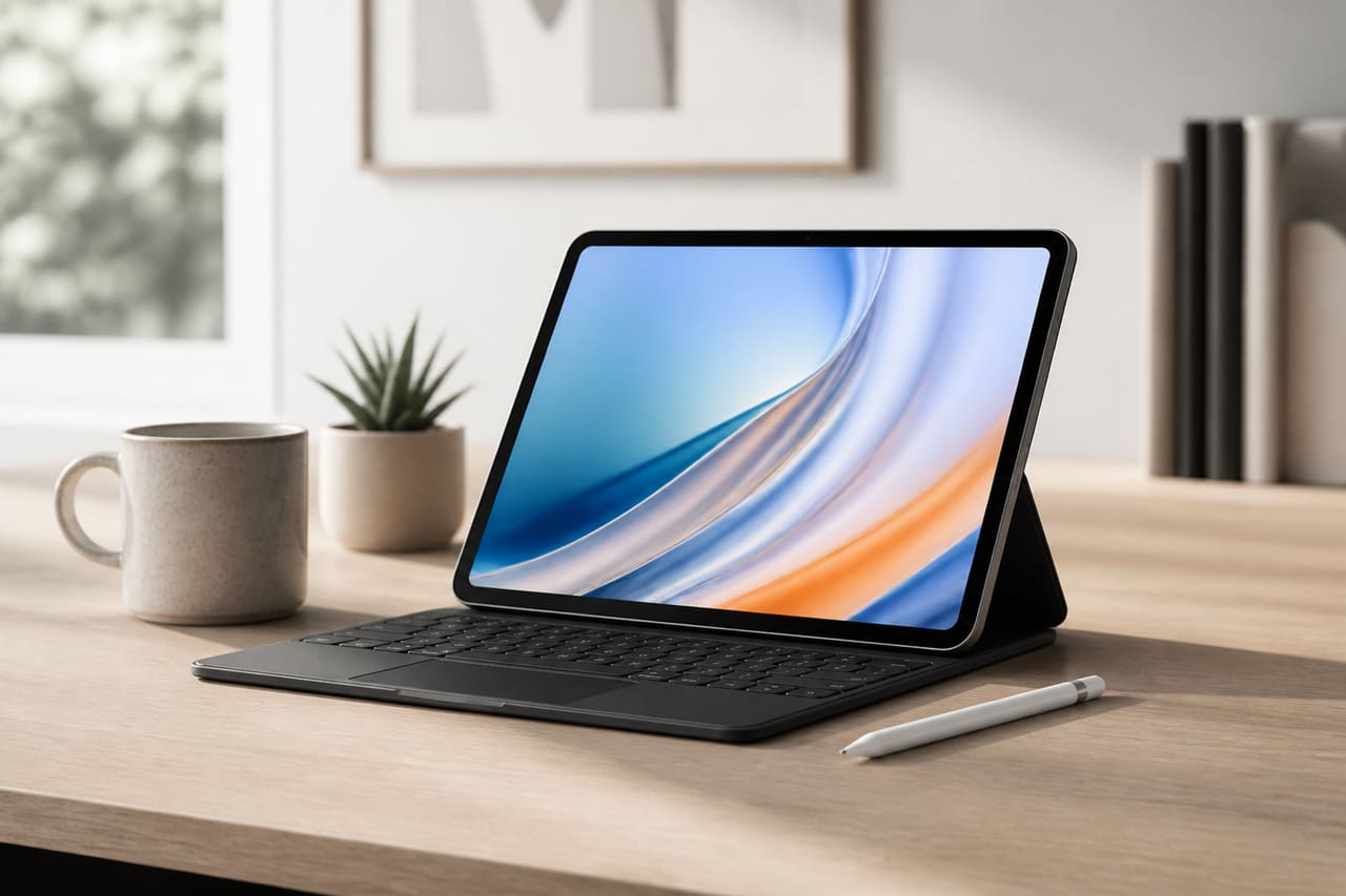 Latest Model Tablet with Stylus and Keyboard on Wooden Desk