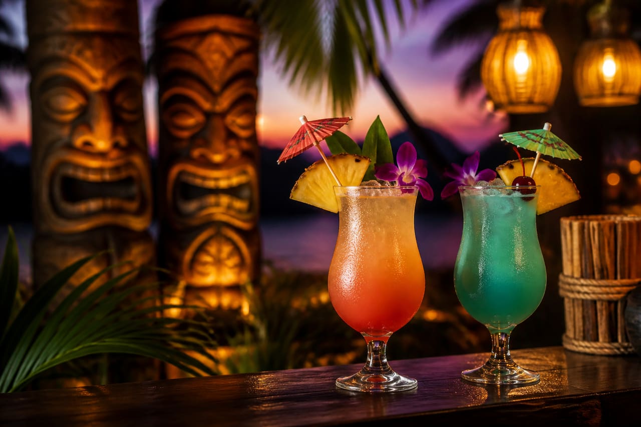 Tropical Tiki Bar with Bamboo Decor and Exotic Cocktails
