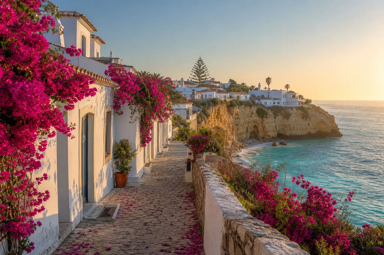 Scenic View of Colorful Houses and Coastline in Algarve Portugal