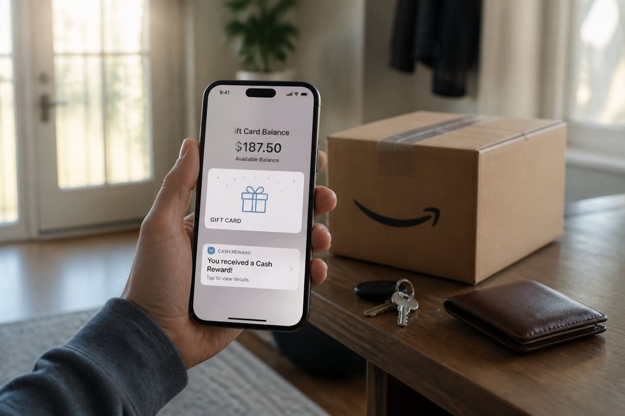 Person Holding Smartphone Showing Cash Reward Near Shipping Box