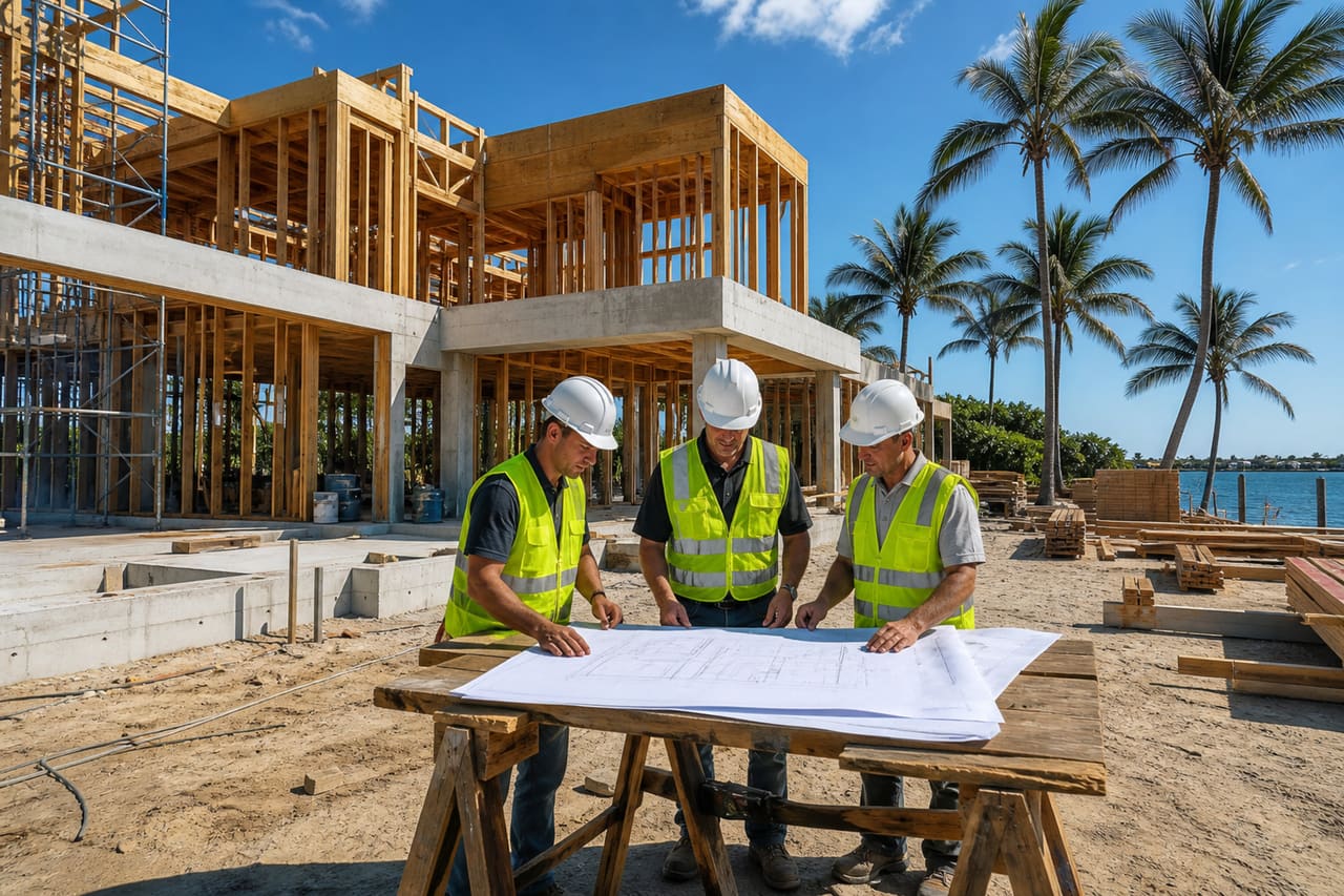 Luxury Home Construction Site with Workers in Boca Raton