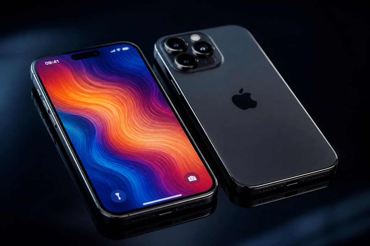 Modern Smartphone with Vibrant Display on Reflective Surface