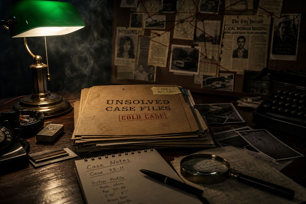 Detective Studying Cold Case Files in a Dimly Lit Office