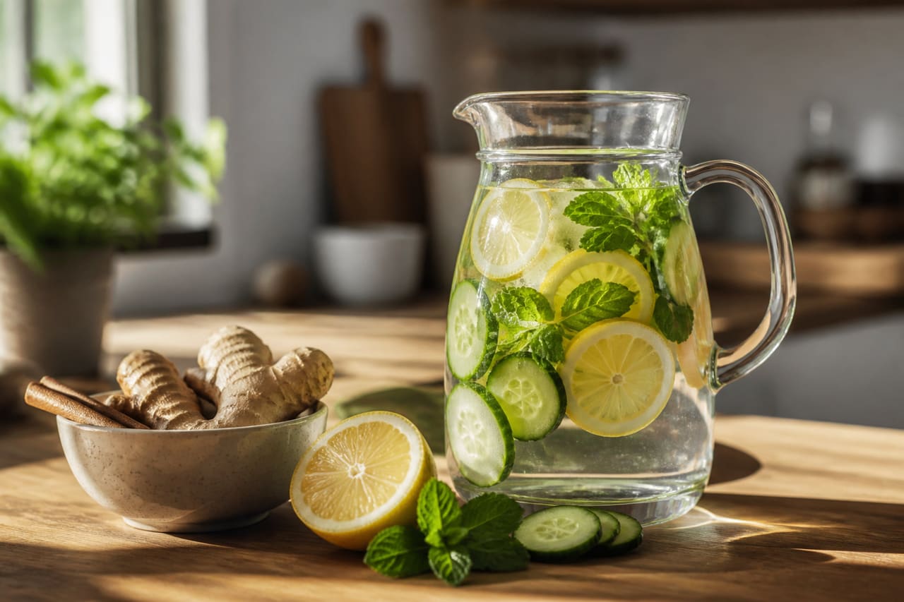 Natural Detox Ingredients and Infused Water on Kitchen Counter