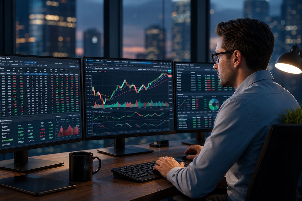 Professional Trader Analyzing Option Trading Charts on Multiple Monitors