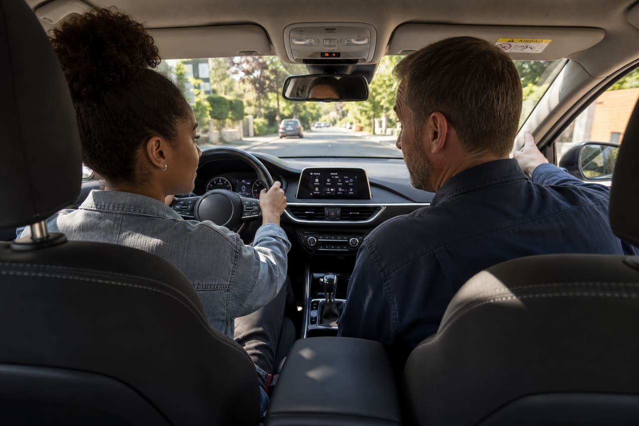 Student Driver and Instructor Reviewing Driving Maneuvers in a Car
