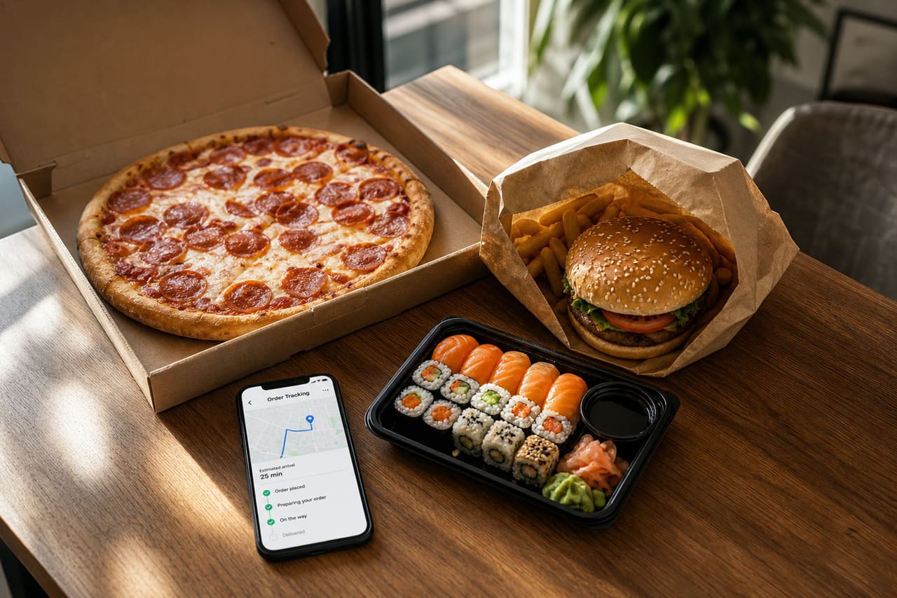 Assorted Takeout Meals and Smartphone on Dining Table