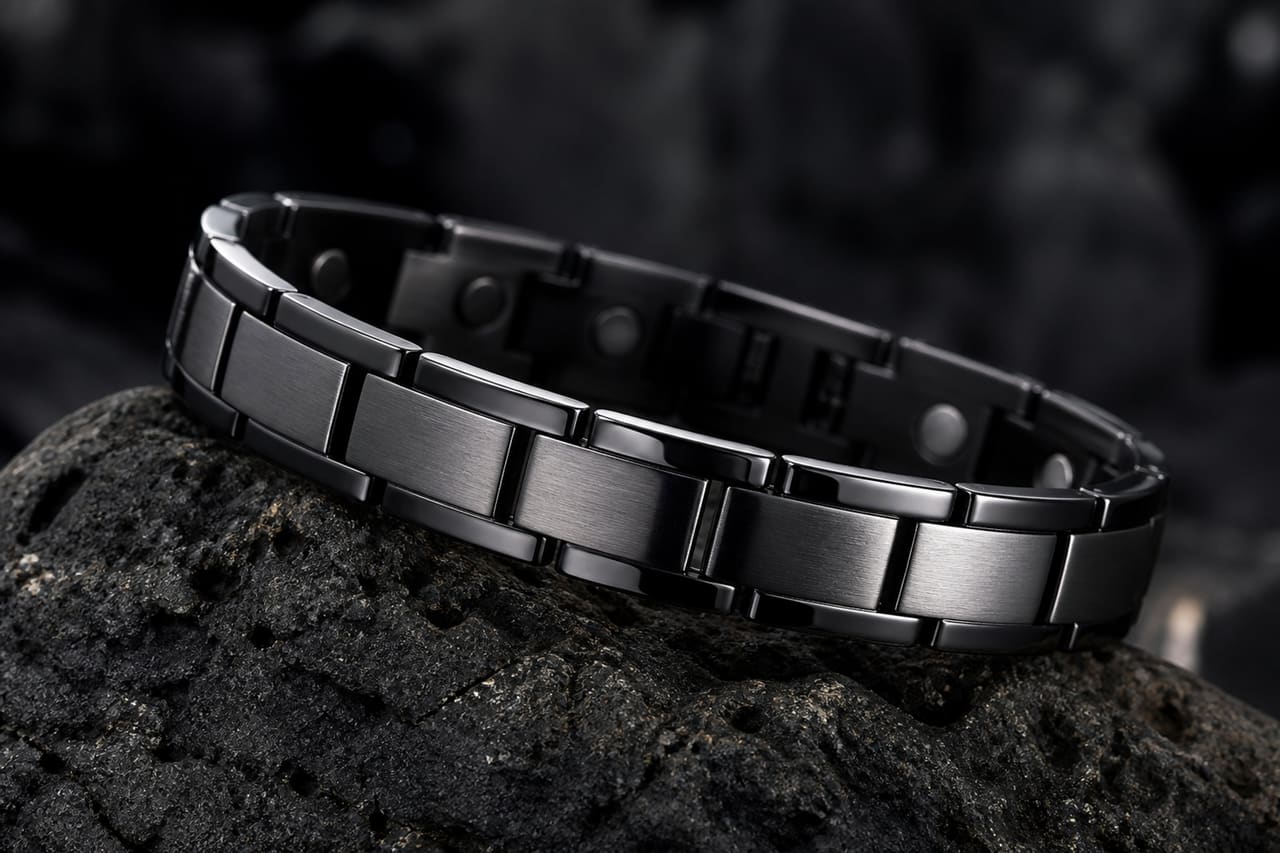 Magnetic Tungsten Bracelet on Dark Volcanic Stone