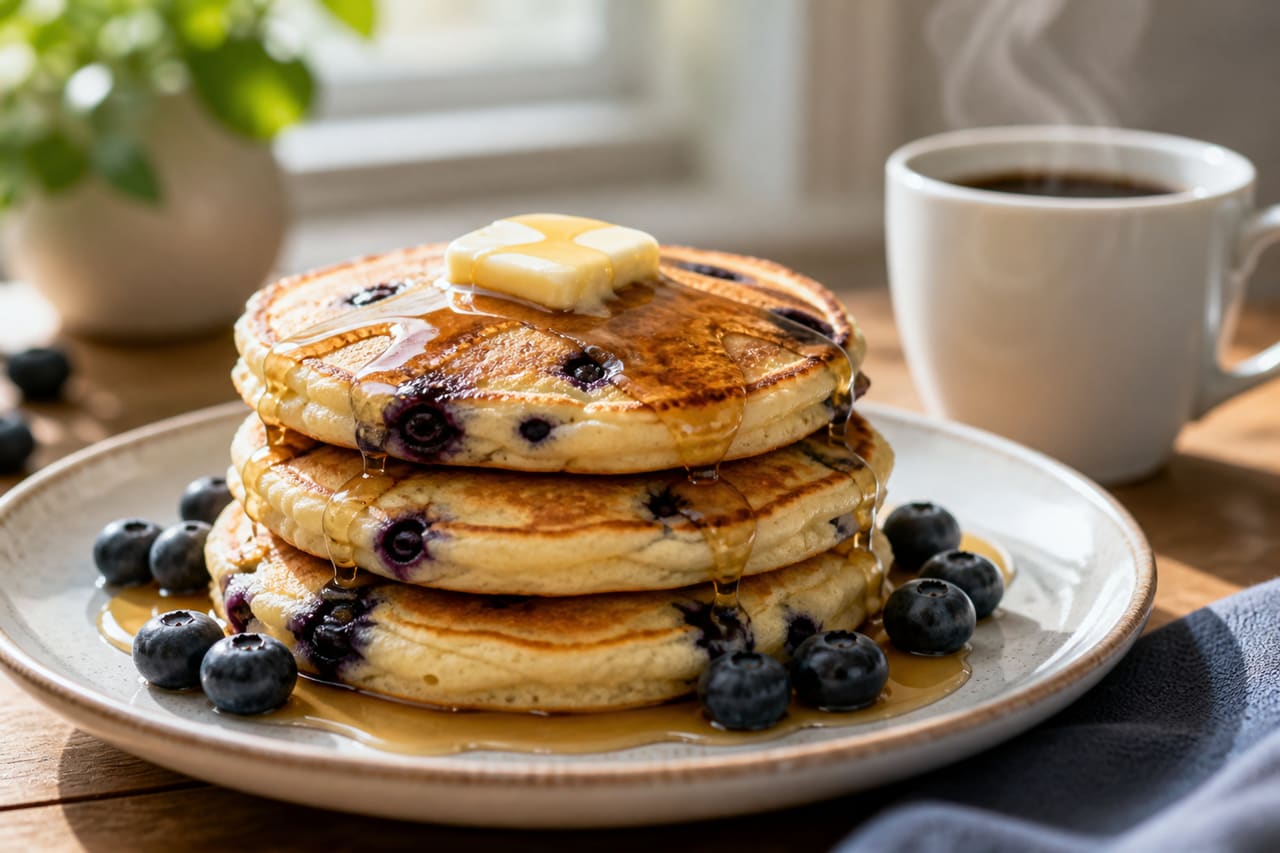 Stack of Blueberry Pancakes with Maple Syrup and Coffee