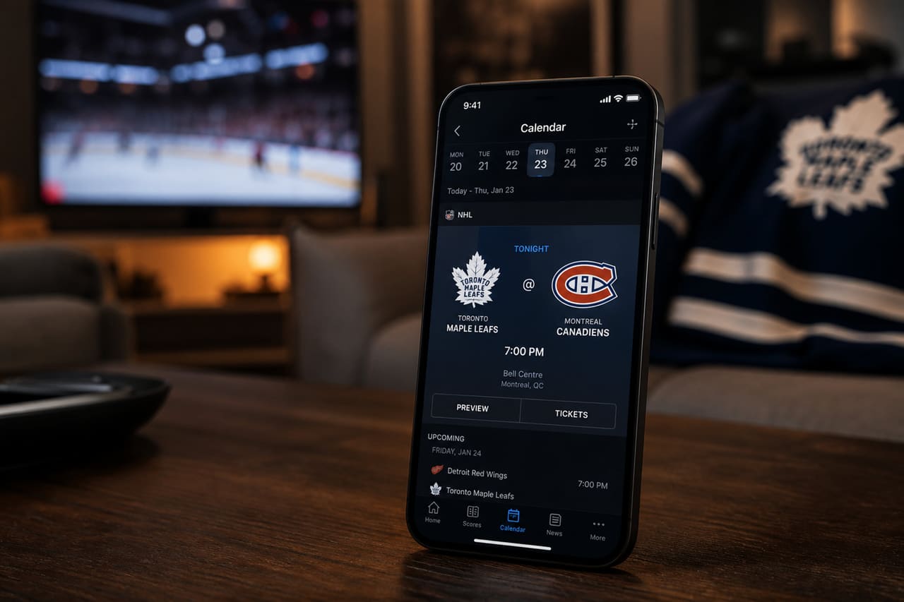 Smartphone Displaying Hockey Game Schedule on Coffee Table