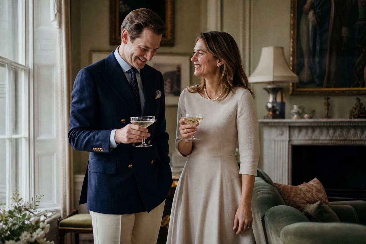 Sophisticated Couple Sharing Champagne in a Traditional English Drawing Room