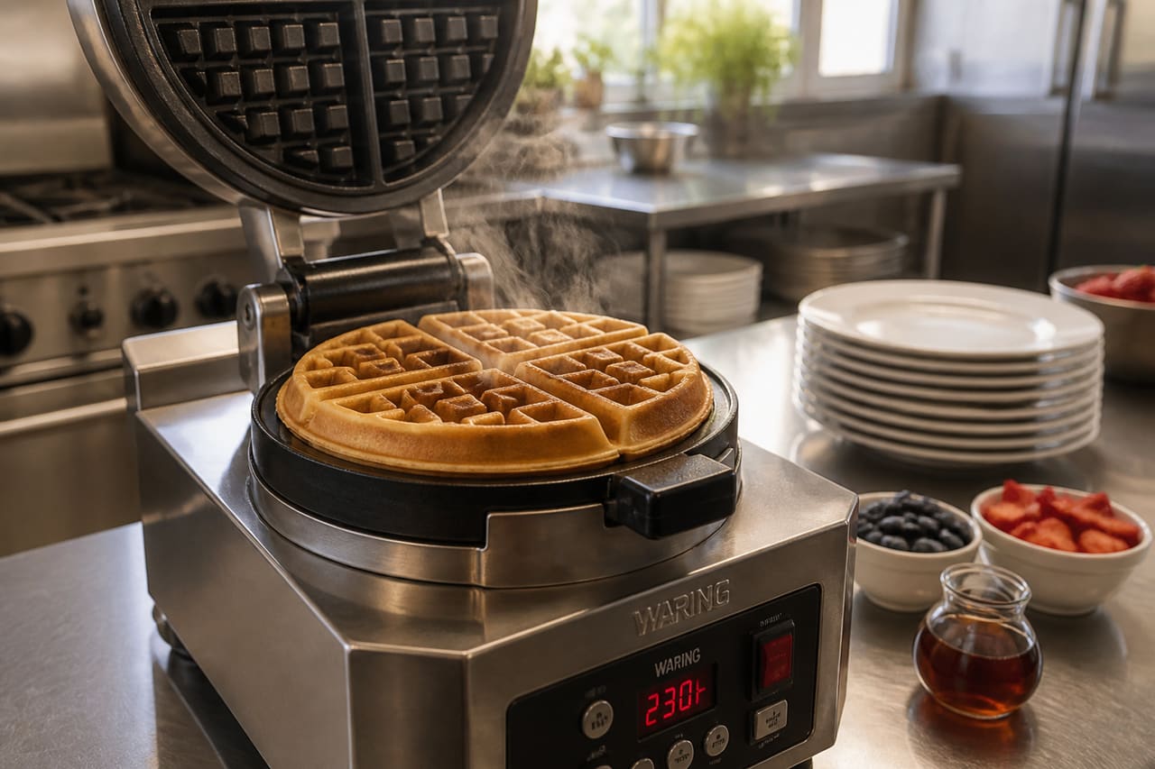 Industrial Waffle Maker Cooking Belgian Waffles in Commercial Kitchen
