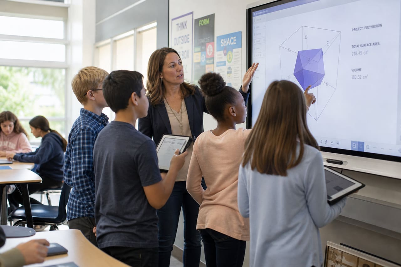 Students and Teacher Using Interactive Technology in a Modern Classroom