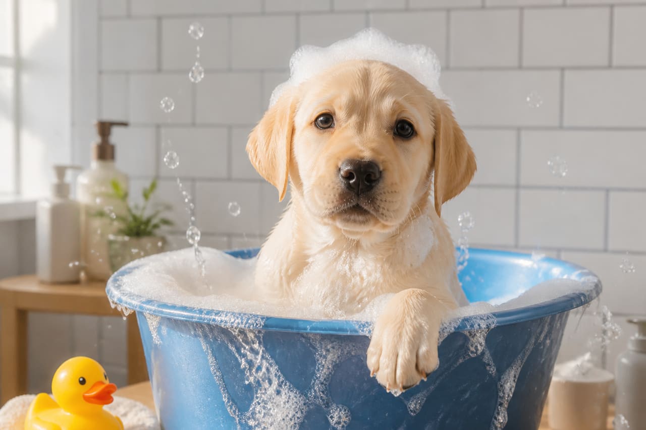 Golden Labrador Puppy Being Bathed in a Plastic Tub