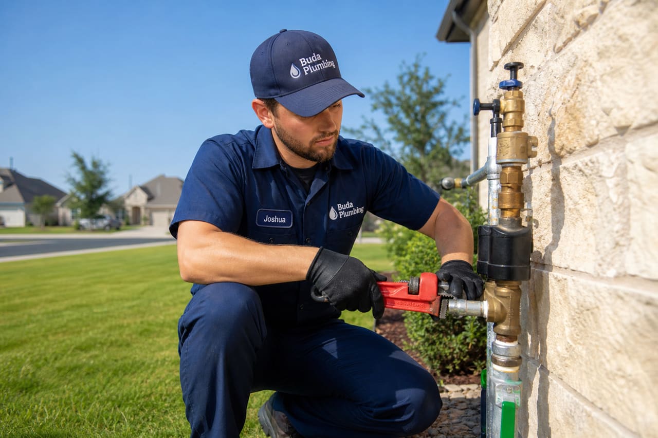 Plumber Repairing Outdoor Water Pipe at a Buda Texas Residence