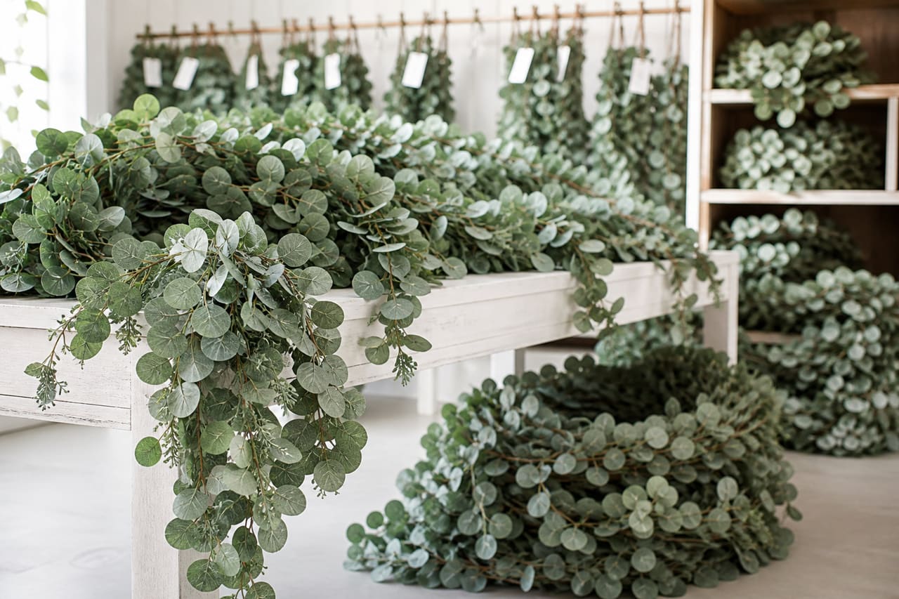 Bulk Fake Eucalyptus Garlands Arranged in a Bright Studio