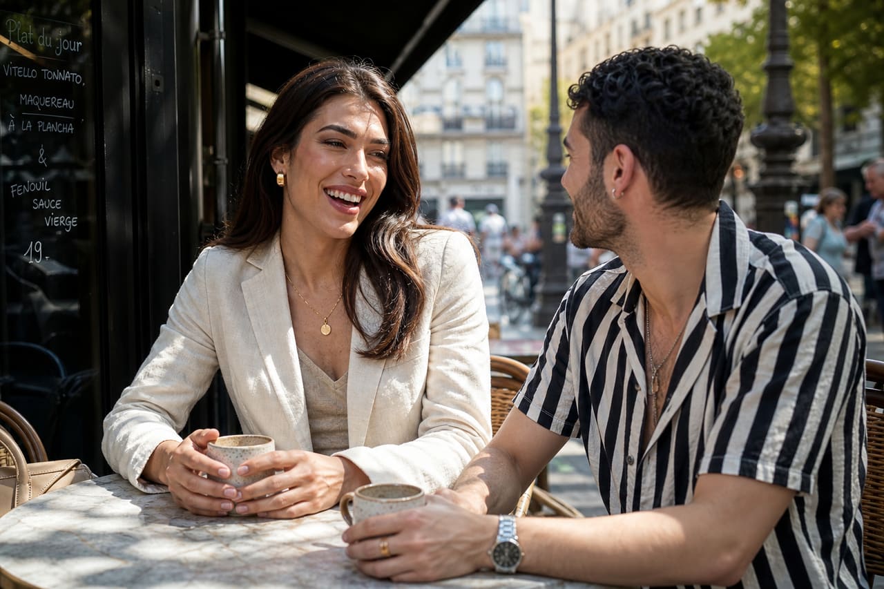 Diverse Couple Having Coffee at an Outdoor City Cafe