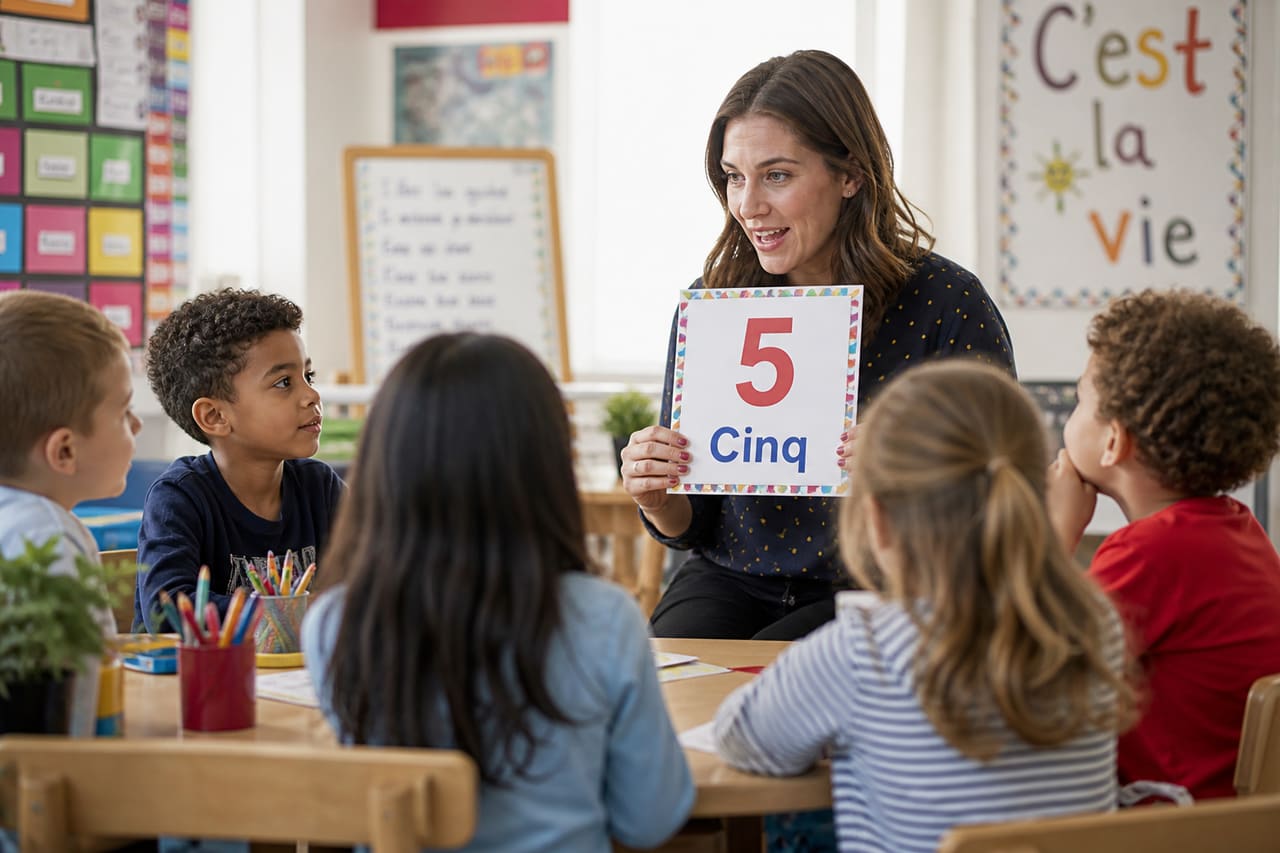 Teacher Leading French Number Lesson with Colorful Flashcards
