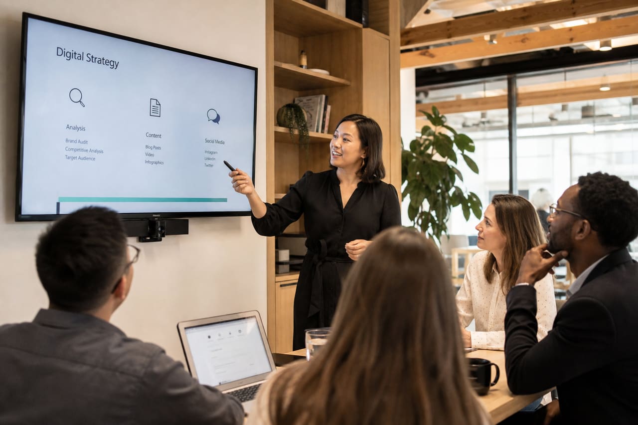 Professional Team Collaborating During a Meeting in a Modern Office