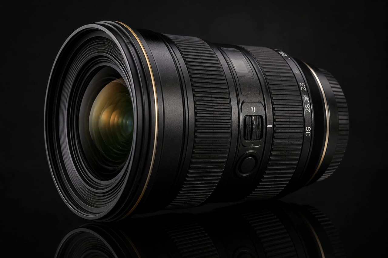 Af-S Nikkor 16-35mm F/4g Ed VR Lens on Reflective Surface