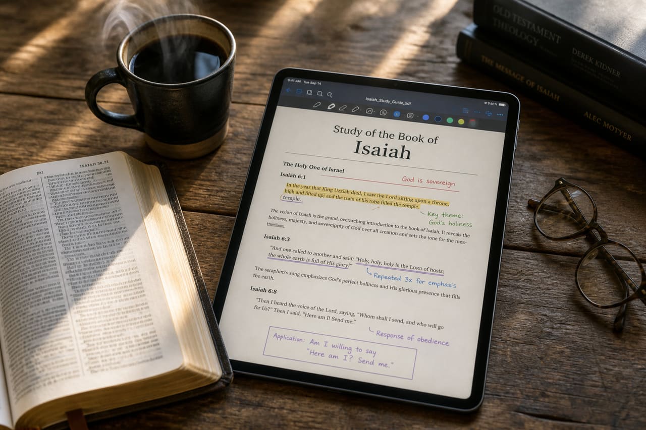 Digital Tablet and Open Bible for Study of the Book of Isaiah