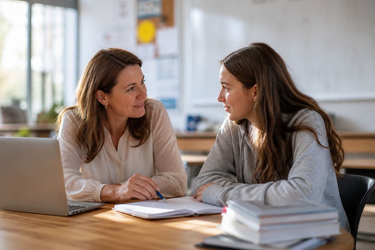 Teacher Giving Guidance to Student in a Bright Classroom