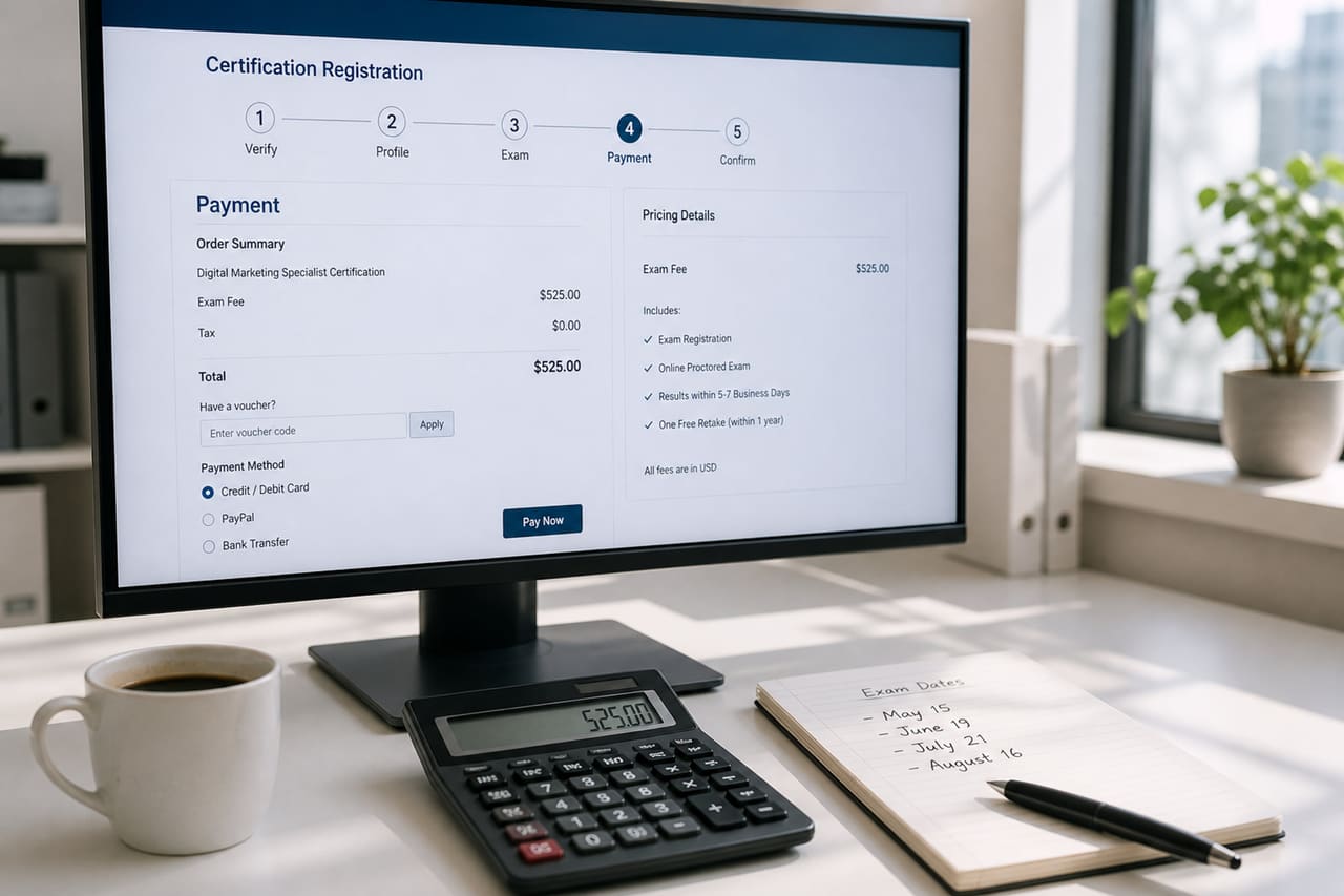 Professional Workspace with Digital Payment Screen for Certification Fees