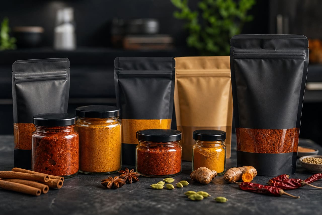 Assorted Indian Curry Brands and Raw Spices on Slate