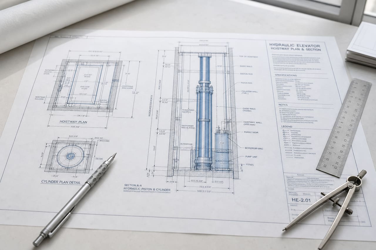 Technical Hydraulic Elevator Plan on an Architect's Drafting Table