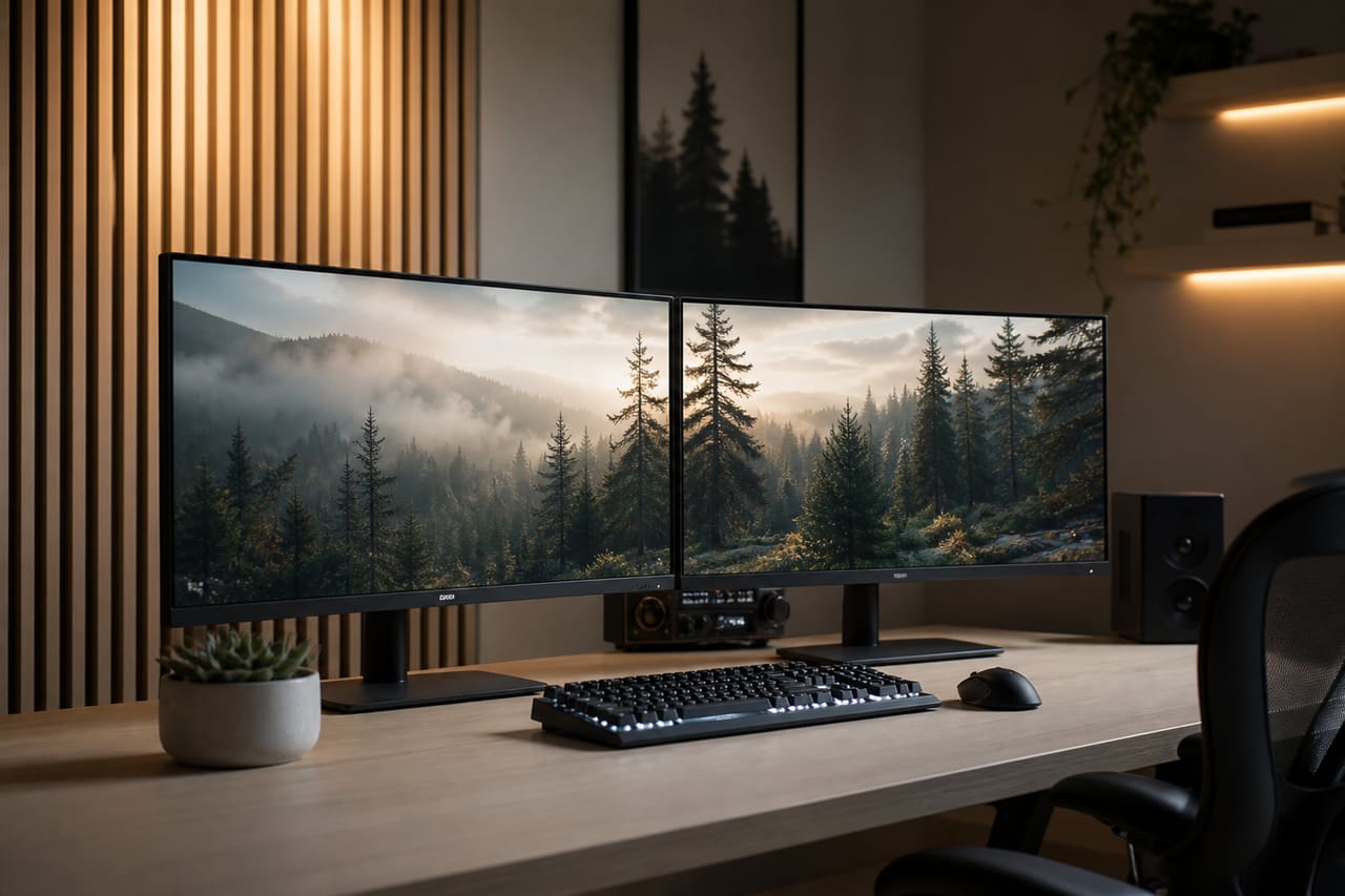 Dual Monitor Setup Displaying a Panoramic Forest Wallpaper