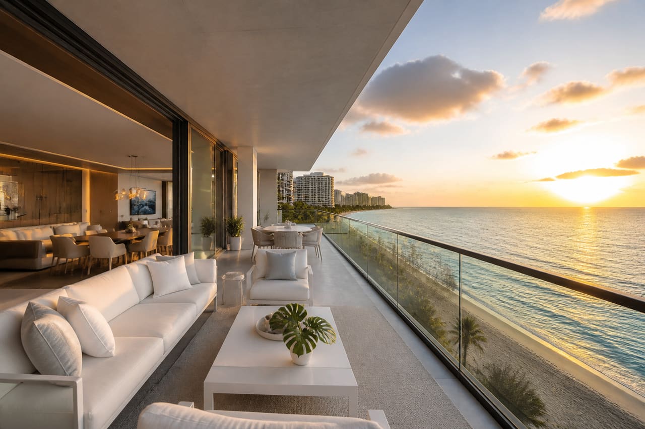 Luxury Beachfront Balcony Overlooking Turquoise Ocean at Sunset