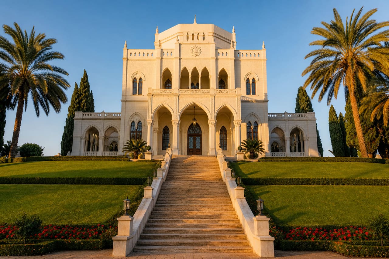 The White Facade of the Mansion of Bahji Surrounded by Gardens