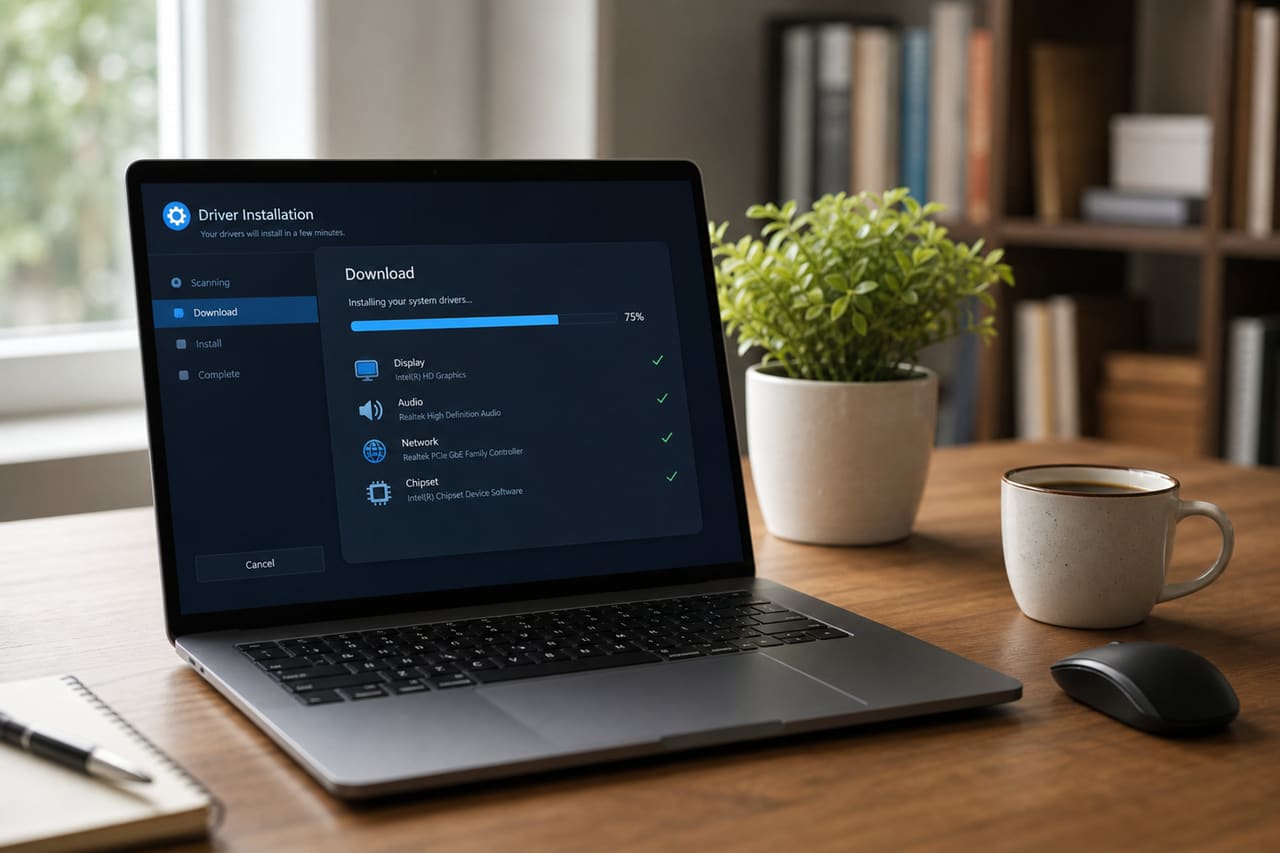 Laptop Displaying Software Installation Progress on a Wooden Desk
