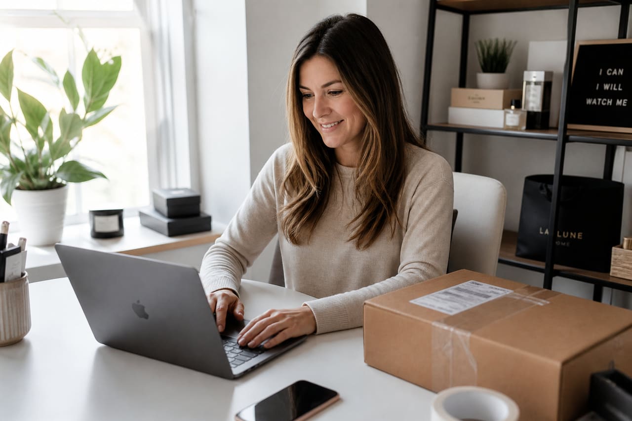 Entrepreneur Managing an Online Store in a Home Office