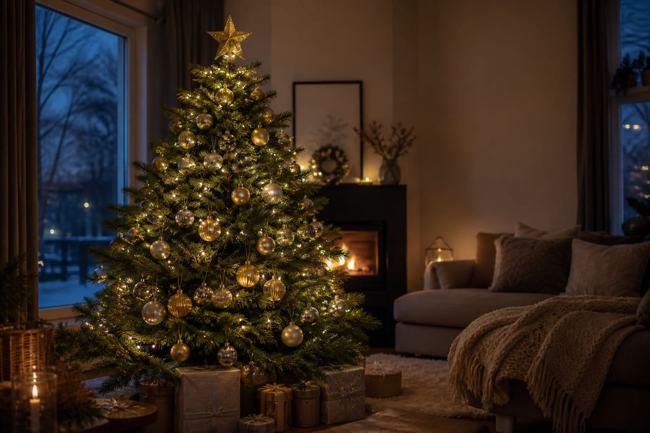 Fully Decorated Christmas Tree in a Cozy Modern Living Room