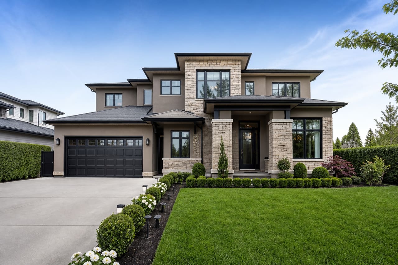 Modern Suburban House with Manicured Lawn and Driveway