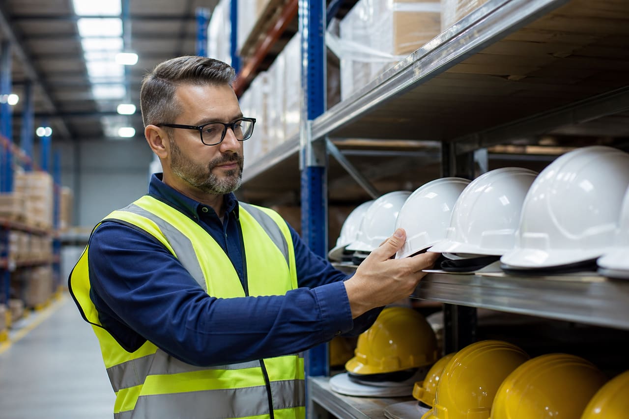 Construction Safety Manager Inspecting Hard Hats in Industrial Warehouse