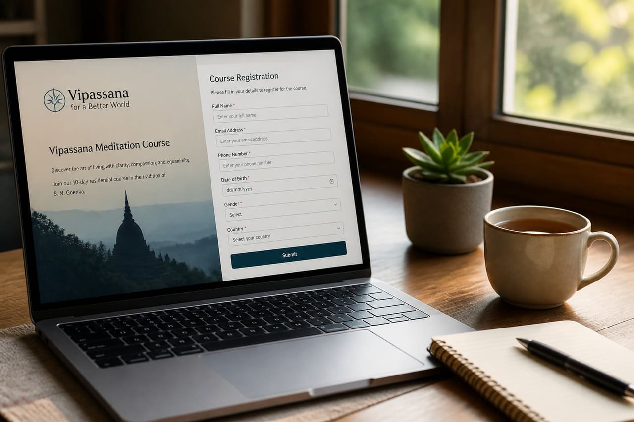 Person Completing Vipassana Online Registration on a Laptop