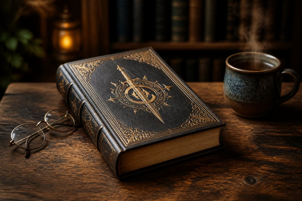 Hardcover Fantasy Novel on Rustic Wooden Table with Tea