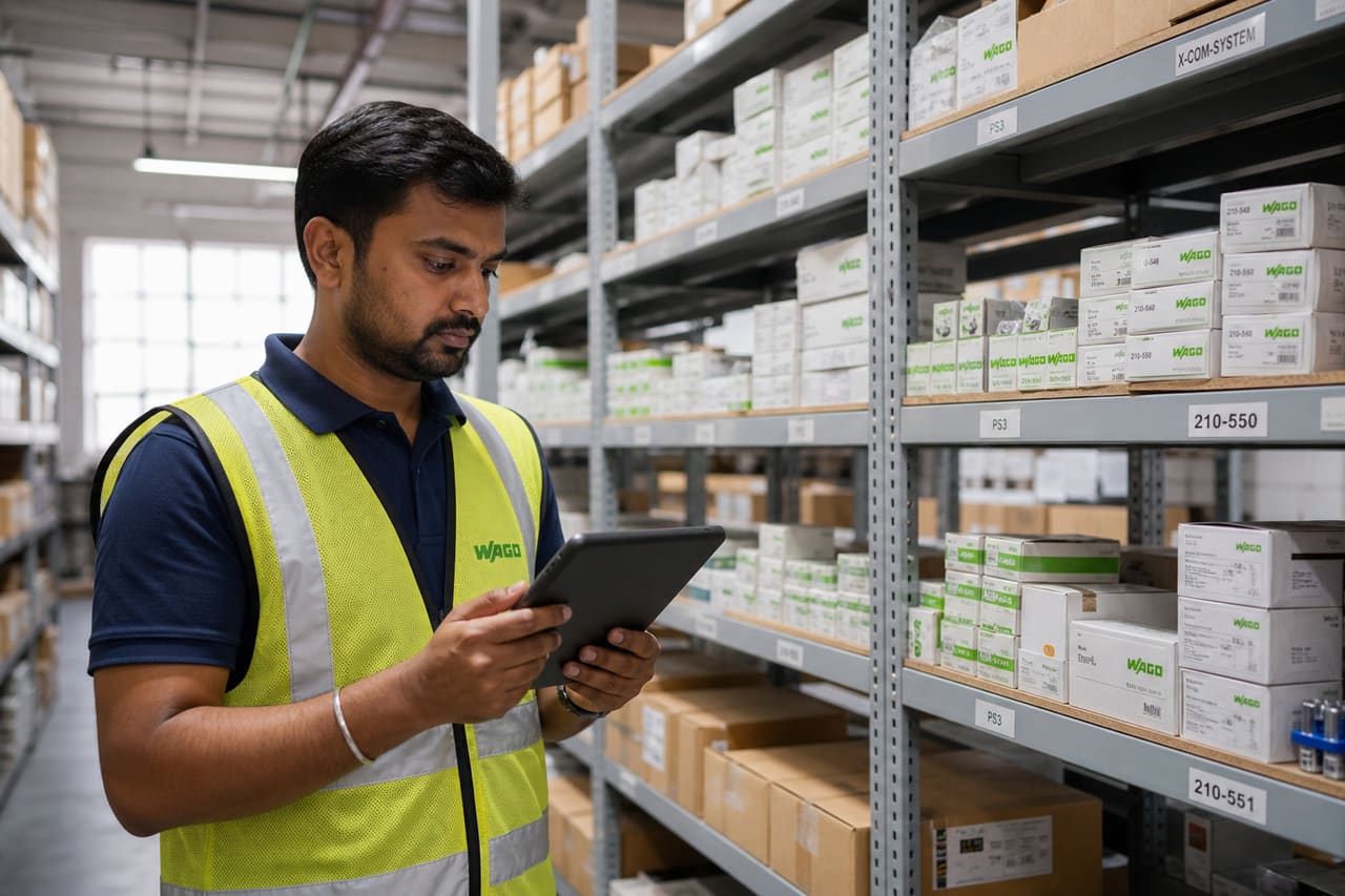 Warehouse Manager Organizing Industrial Components at a Distribution Center