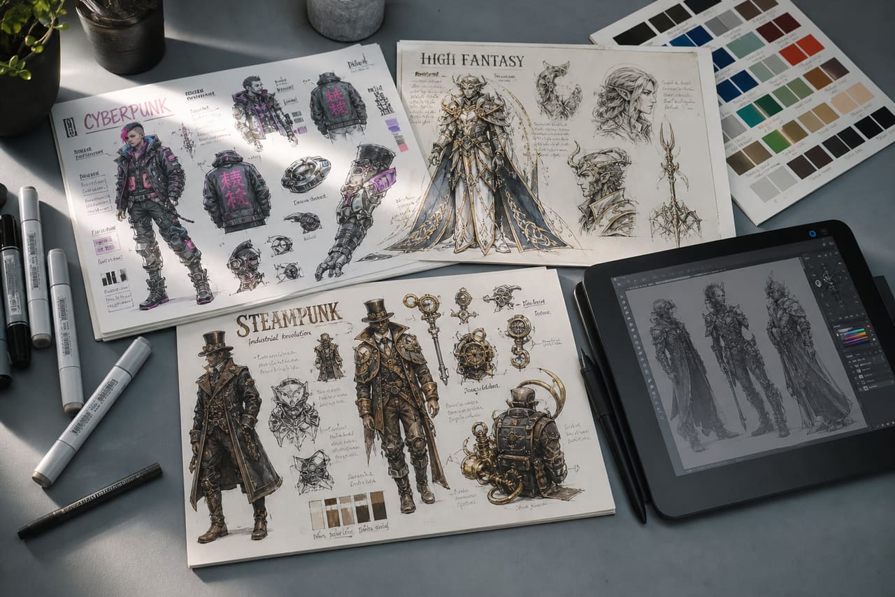 Artist Workspace with Conceptual Character Design Themes