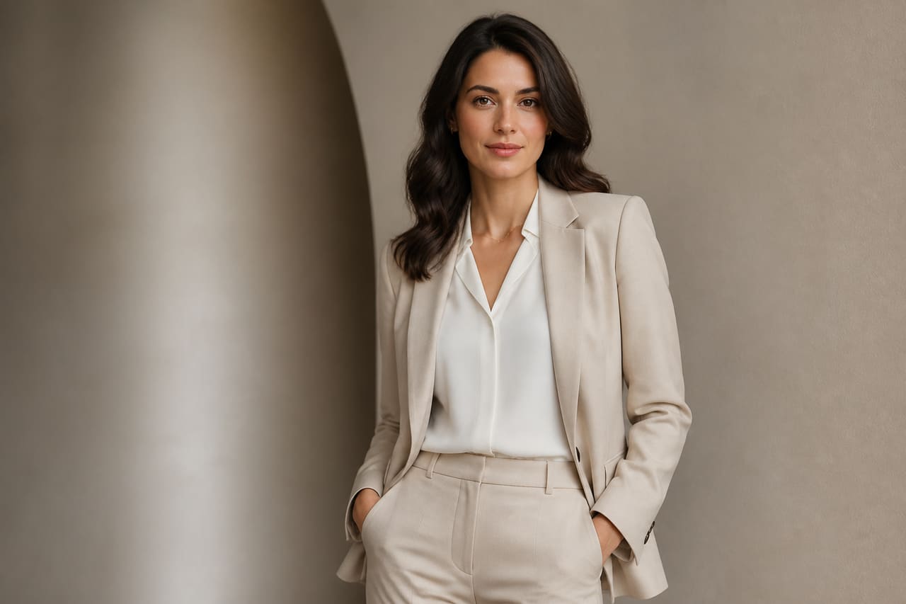 Confident Woman in a Modern Minimalist Studio Setting