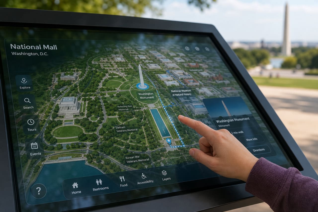 Tourist Using Digital National Mall Interactive Map Kiosk