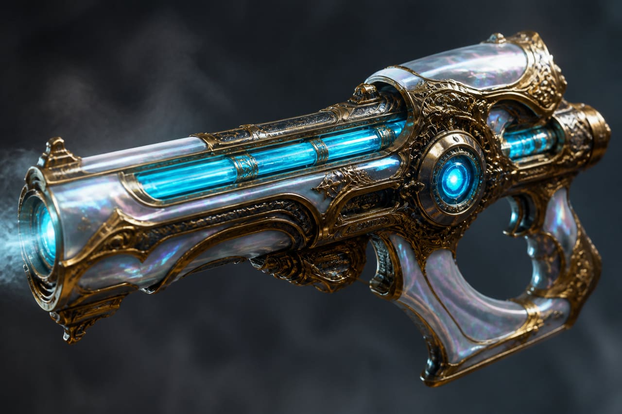 Ornate Futuristic Energy Weapon with Gold Filigree and Neon Glow