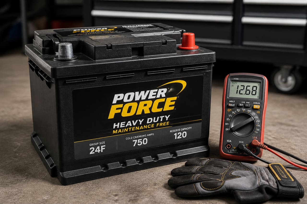 Heavy Duty Automotive Battery with Multimeter in Garage