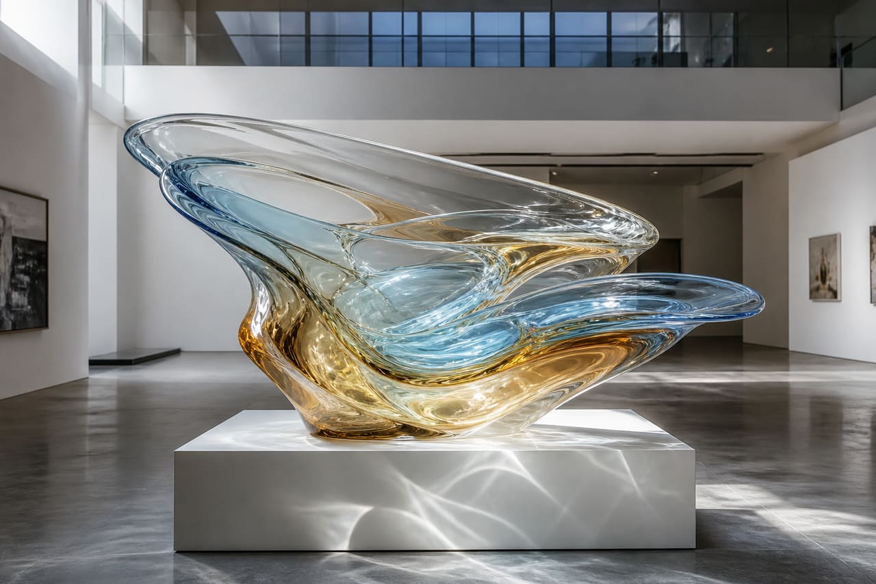 Contemporary Glass Sculpture with Fluid Organic Forms in a Gallery