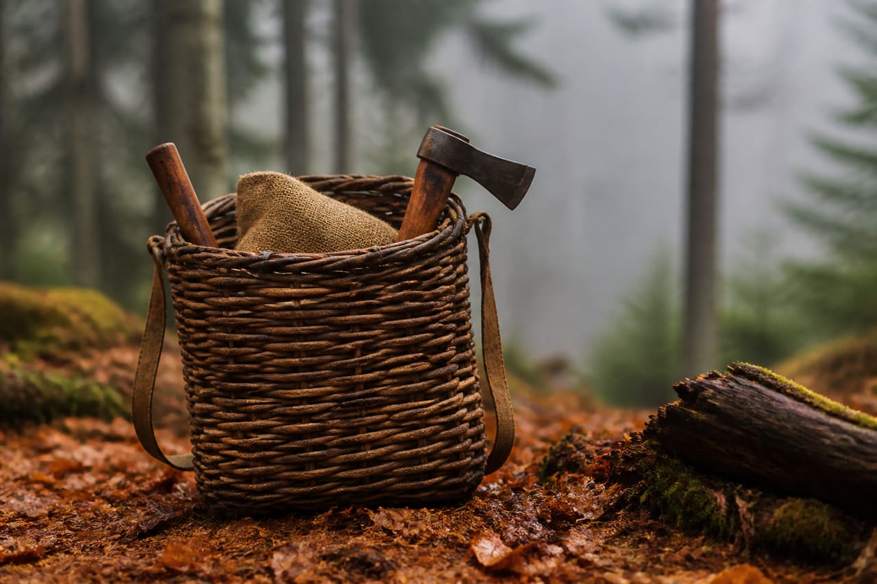 Traditional Woven Trapping Pack Basket on a Forest Floor
