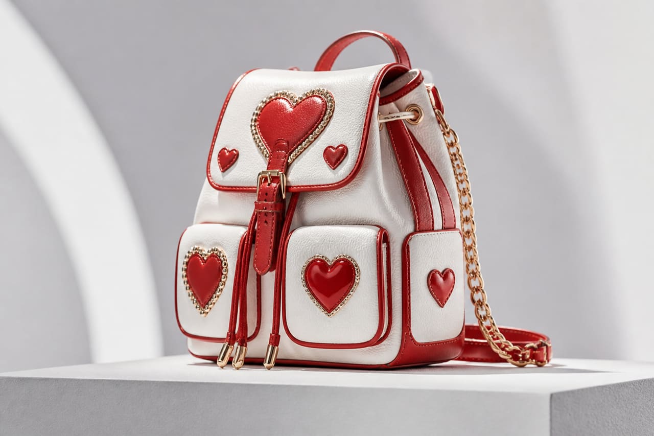 Luxury Red and White Heart Motif Designer Backpack