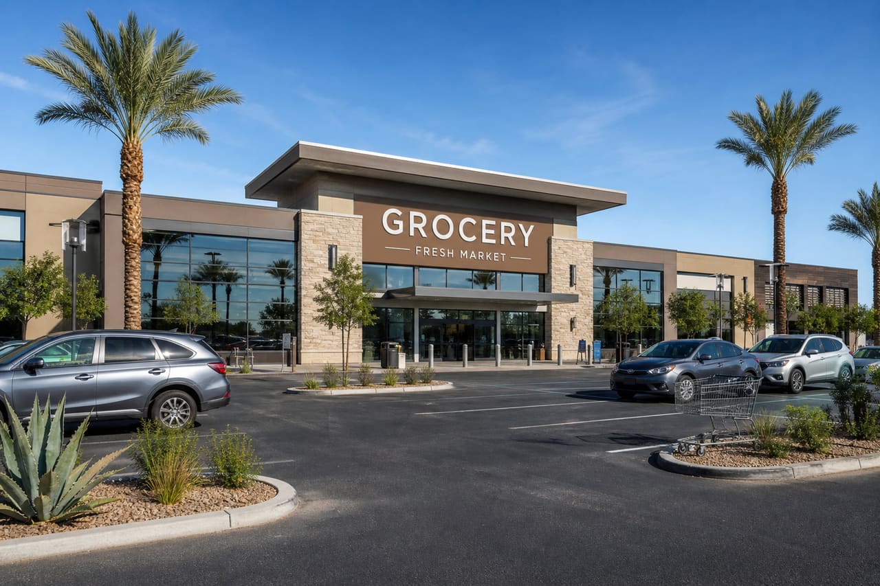 Modern Grocery Store Exterior in a Gilbert Suburban Setting