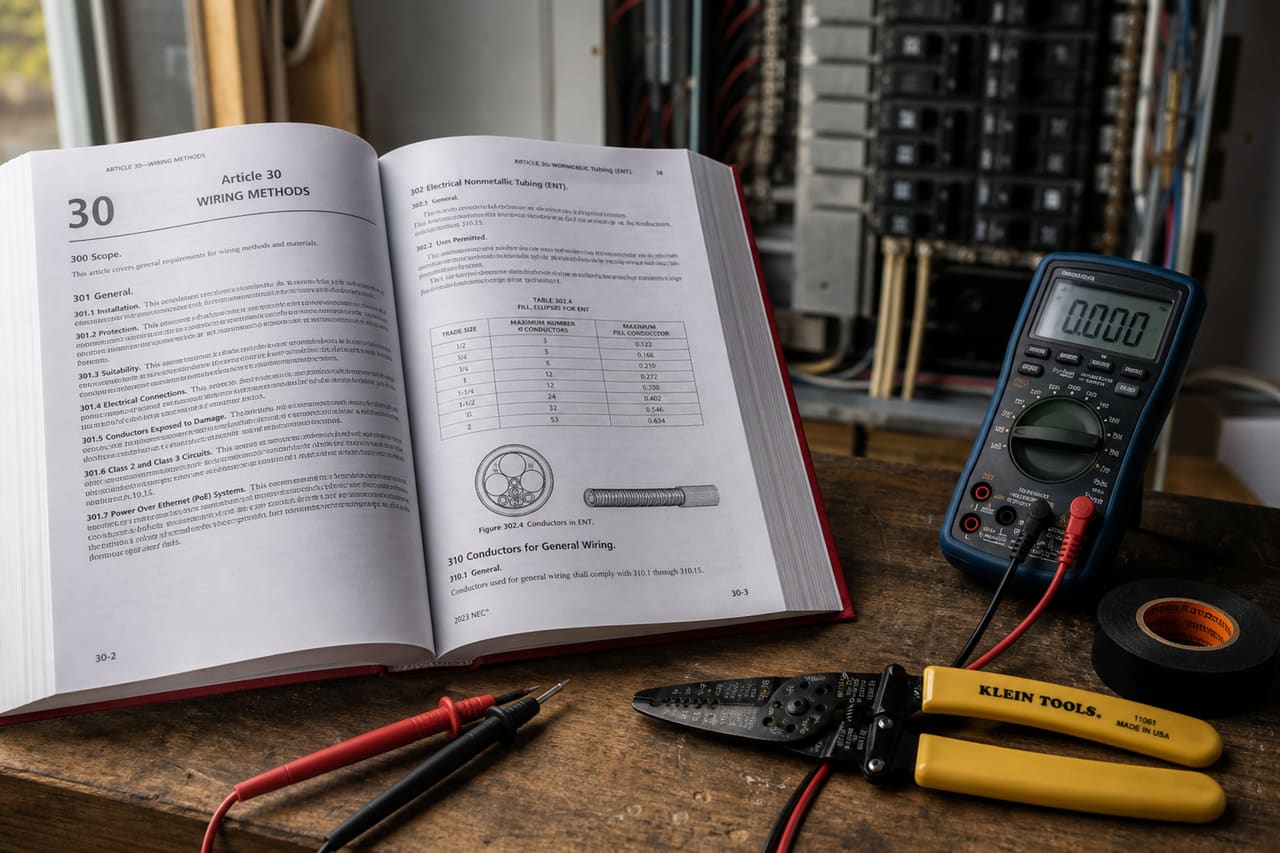 Open Nec 30 Manual and Electrical Tools on Workbench